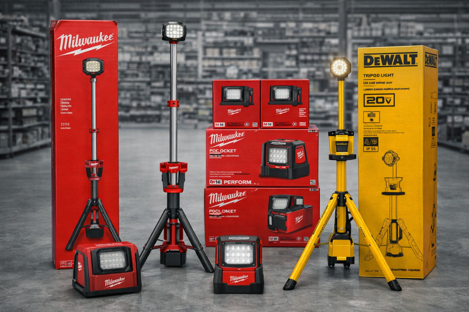 Milwaukee and DeWalt lighting equipment